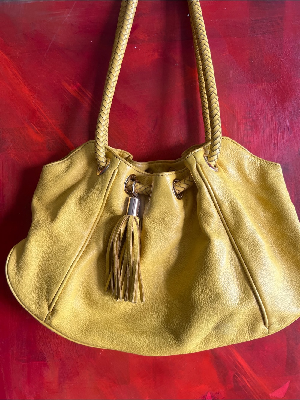 Michael Kors Mustard Yellow Braided-Handle Tassel Hobo